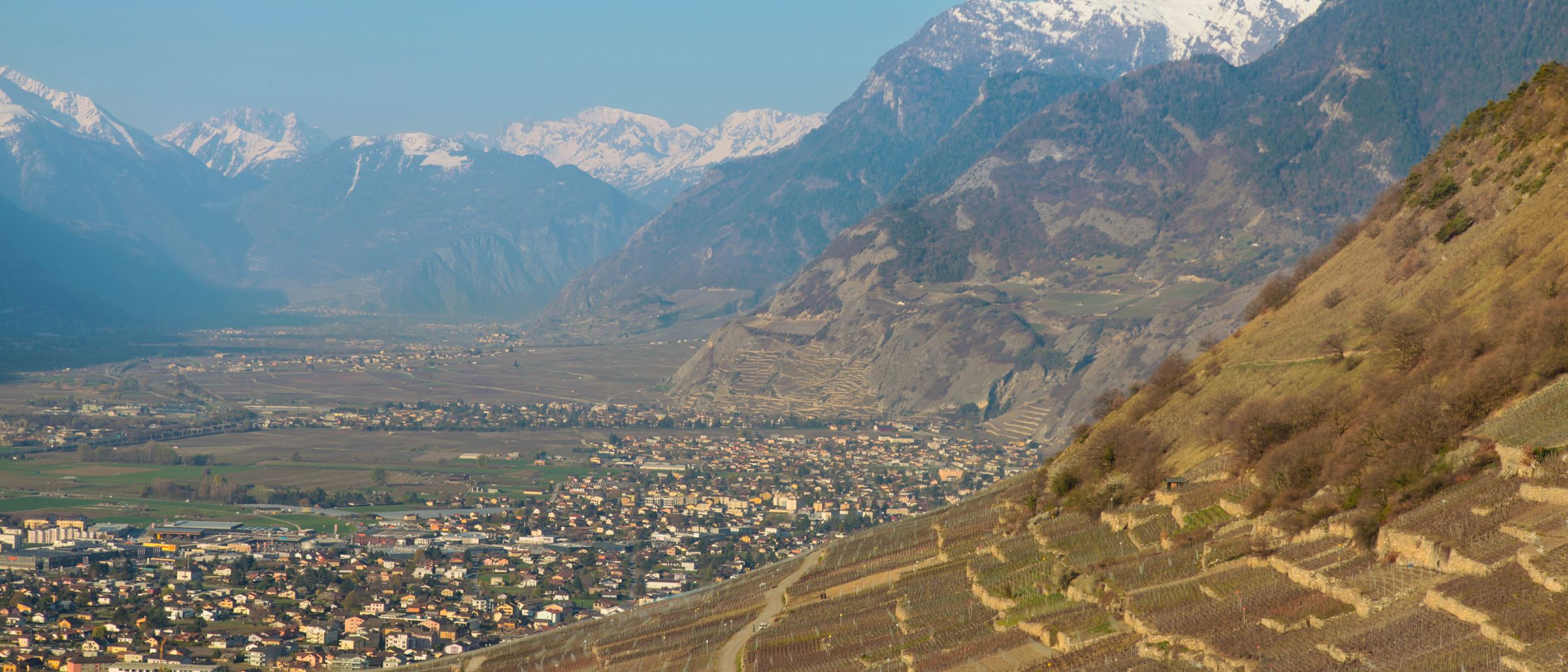 Vignobles en terrasses et montagnes du Valais